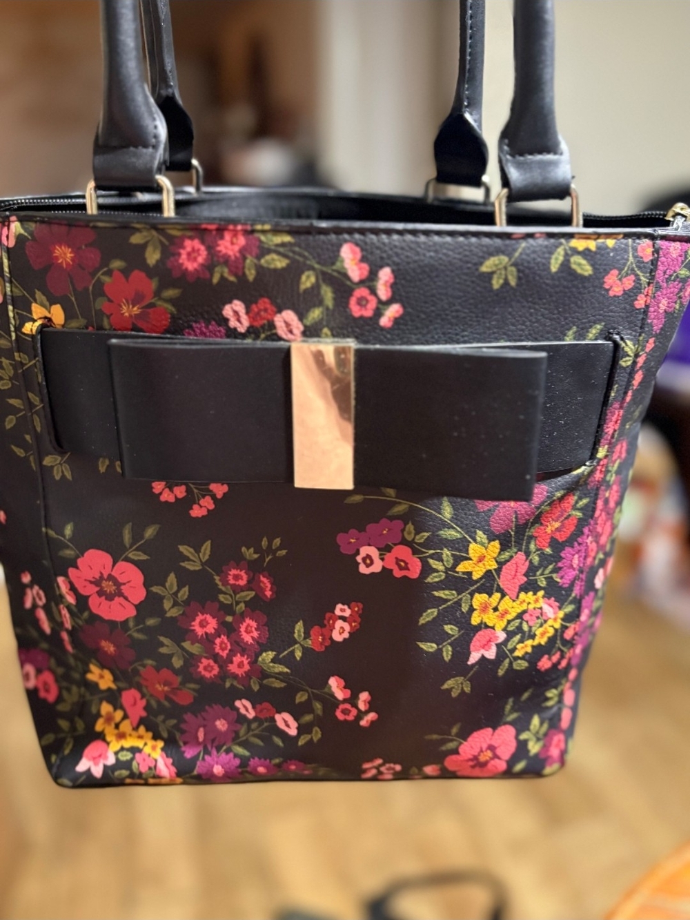 Apt. 9 Black Floral Tote with Bow and Gold Accent